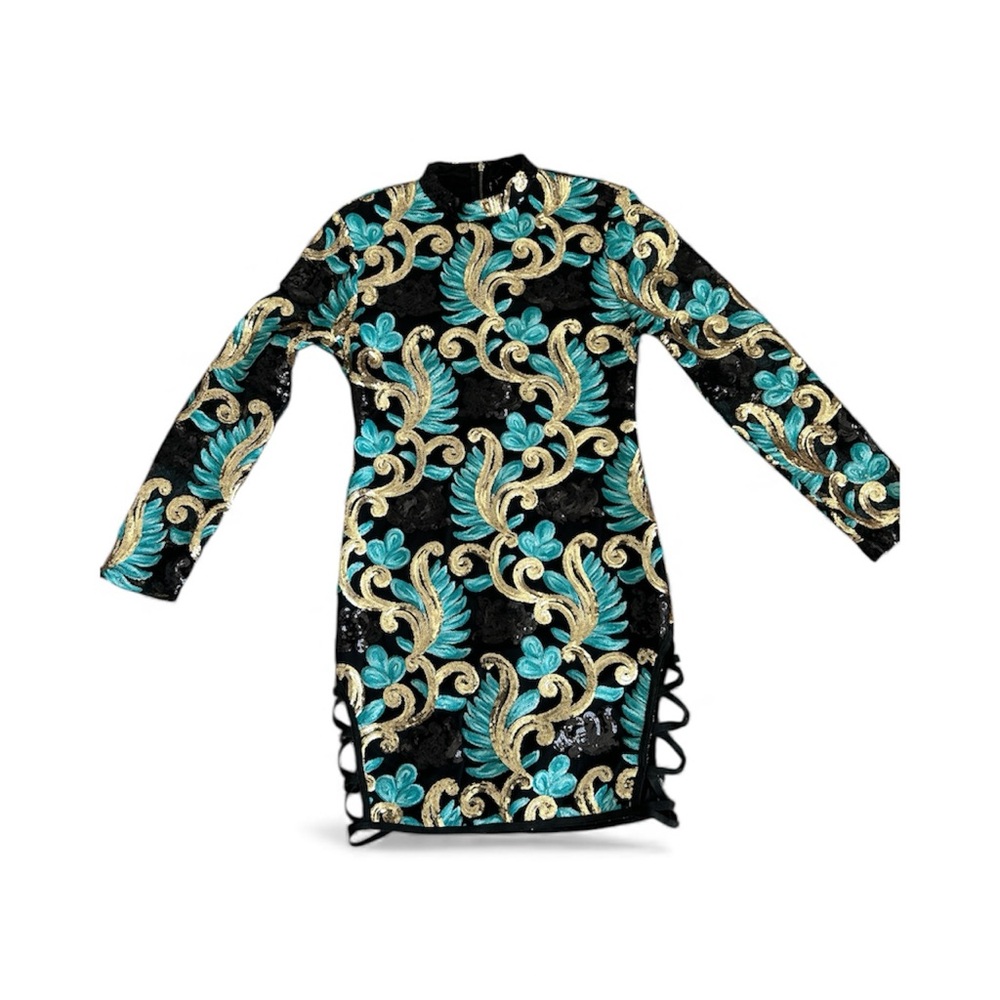 Long sleeved Black and Gold Sequin Dress